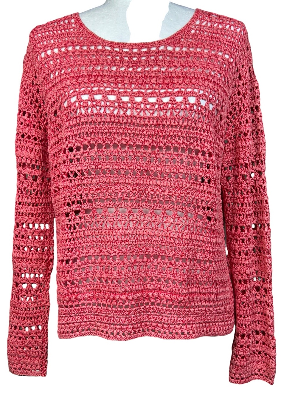 Theory Tala Crochet Sweater L Open Knit Sweater Coral Pink Layering